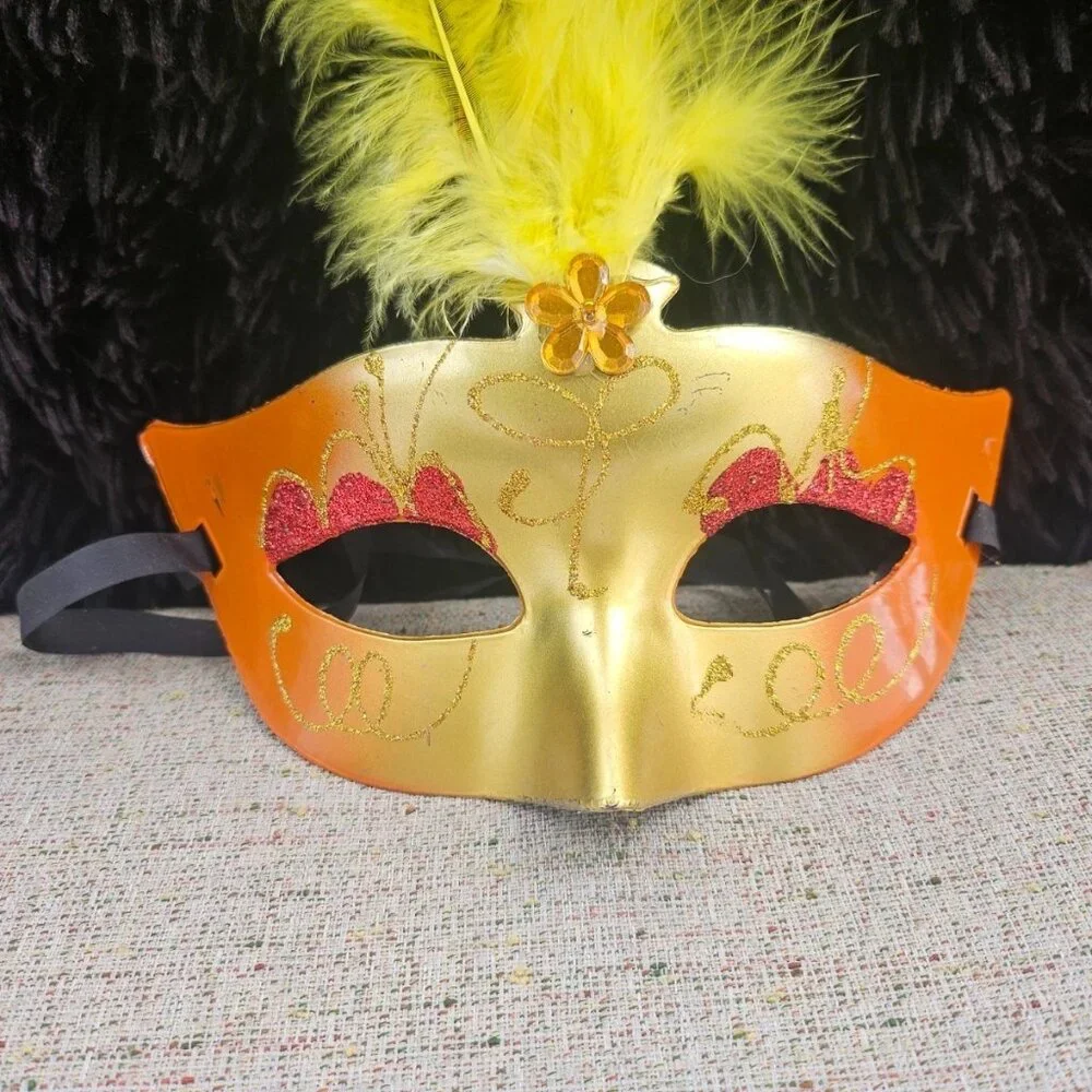Yellow Faux Feather Mask Party Light Up Face Eye Mask Masquerade Mardi Gras Mask